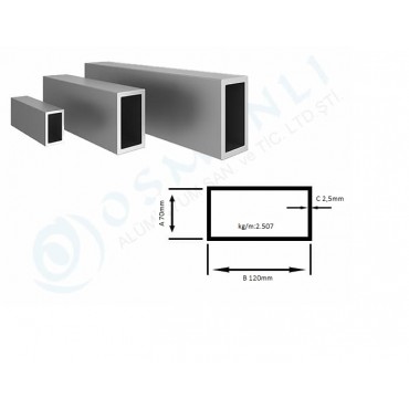 Alüminyum Kutu Profil 70mm x  120mm Et Kalınlık 2,5mm